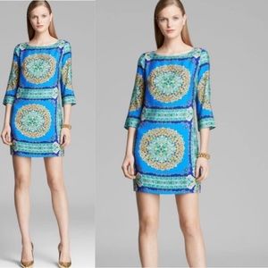 Laundry by Shelli Segal Scarf Print Dress Blue Rayon Lined Zip Back Size 2 BNC10